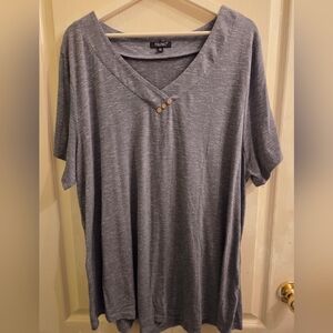 Light Blue V-Neck Short Sleeve Top with Button Detail